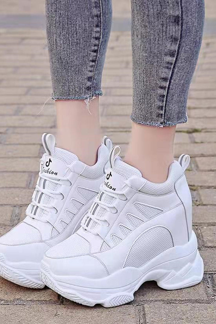 Chunky High Top White Platform Trainers, Lace Up Front Detailing Sneakers, Mesh Panel, Thick Sole, Women's Sneakers