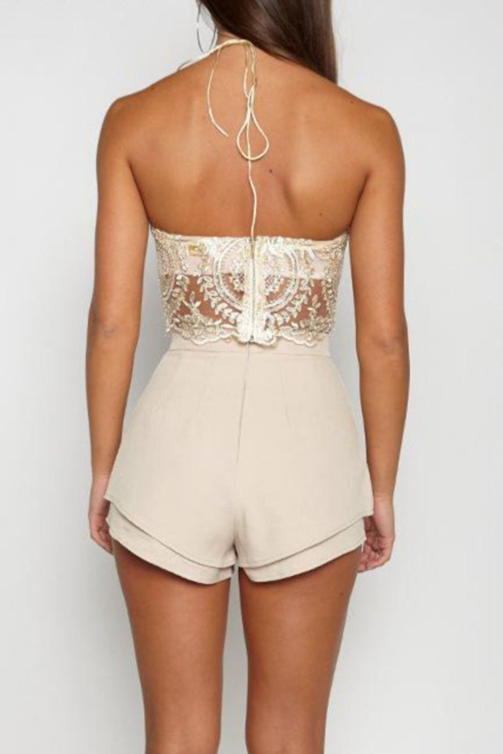 Gold Transparent Lace Halter Crop Top, Tie Back Backless Y2K Crop Top,  Beige & Gold, Cami Top