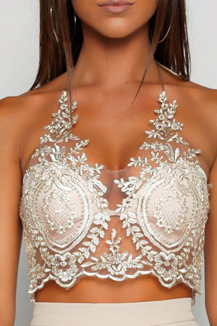 Gold Transparent Lace Halter Crop Top, Tie Back Backless Y2K Crop Top,  Beige & Gold, Cami Top