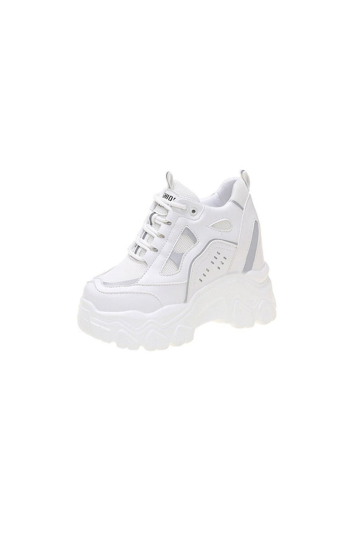 Chunky White Platform Trainers, Lace Up Front Detailing Sneakers, Grey Mesh Panel, Thick Sole, Women's Sneakers