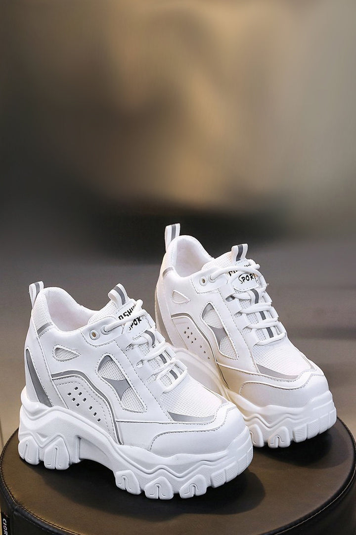 Chunky White Platform Trainers, Lace Up Front Detailing Sneakers, Grey Mesh Panel, Thick Sole, Women's Sneakers