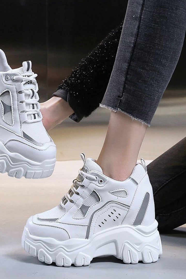 Chunky White Platform Trainers, Lace Up Front Detailing Sneakers, Grey Mesh Panel, Thick Sole, Women's Sneakers