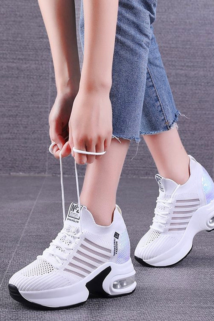 Holographic Silver Heel Chunky Platform Trainers, Shiny Multicolor Heel Sneakers, Available in Black & White