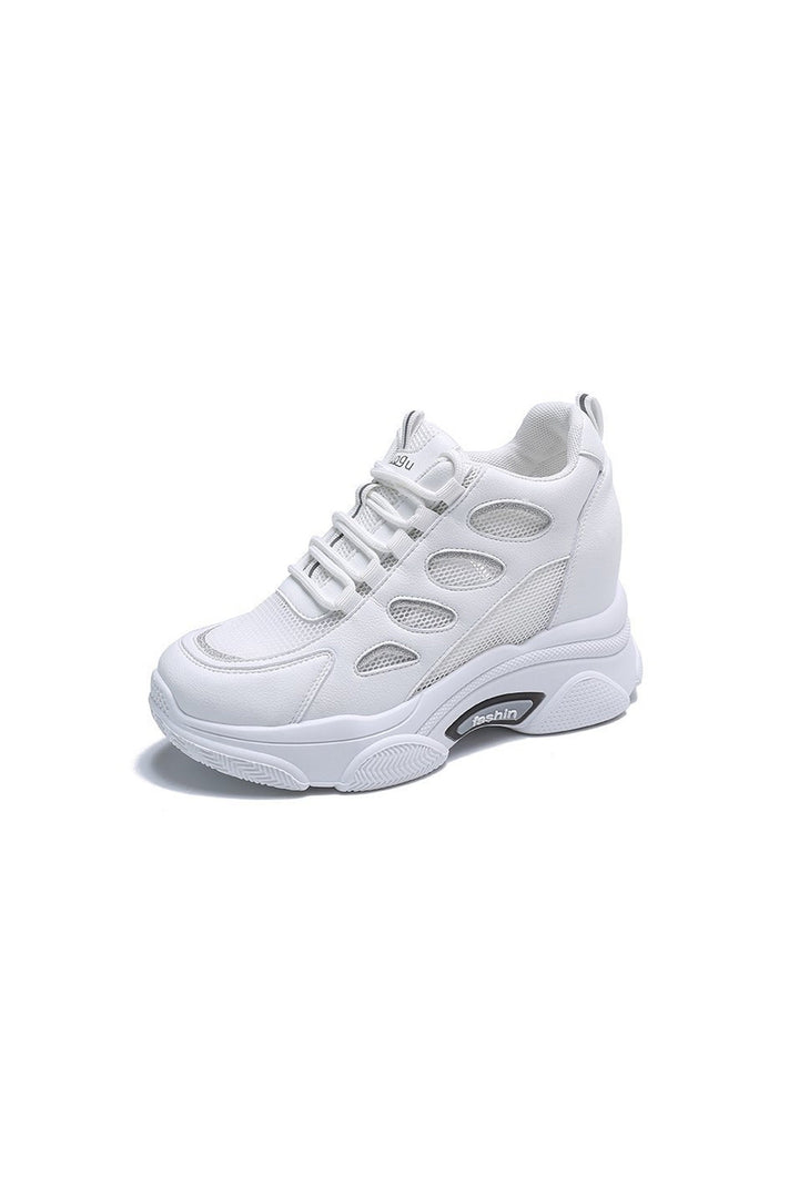 Minimalistic White Chunky Trainers, Lace Up Front Detailing Sneakers, Mesh Panel, Thick Sole, Women's Sneakers