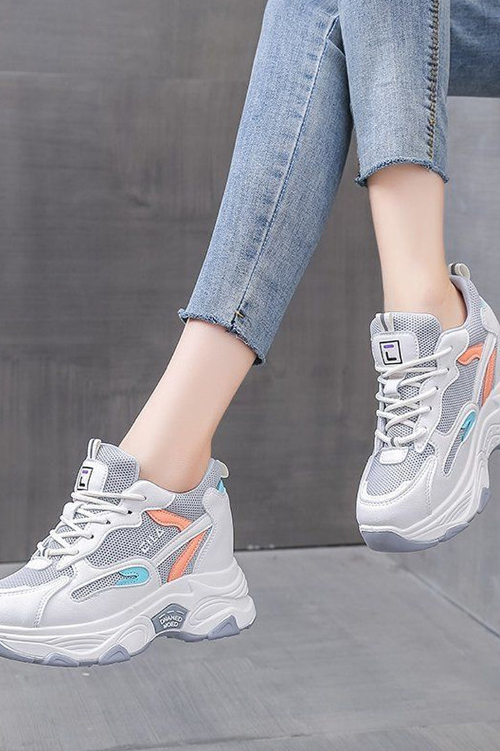 White Platform Chunky Bubble Trainers, Blue & Orange, White Lace Up Front Detailing Sneakers, Mesh Panel, Thick Sole, Women's Sneakers