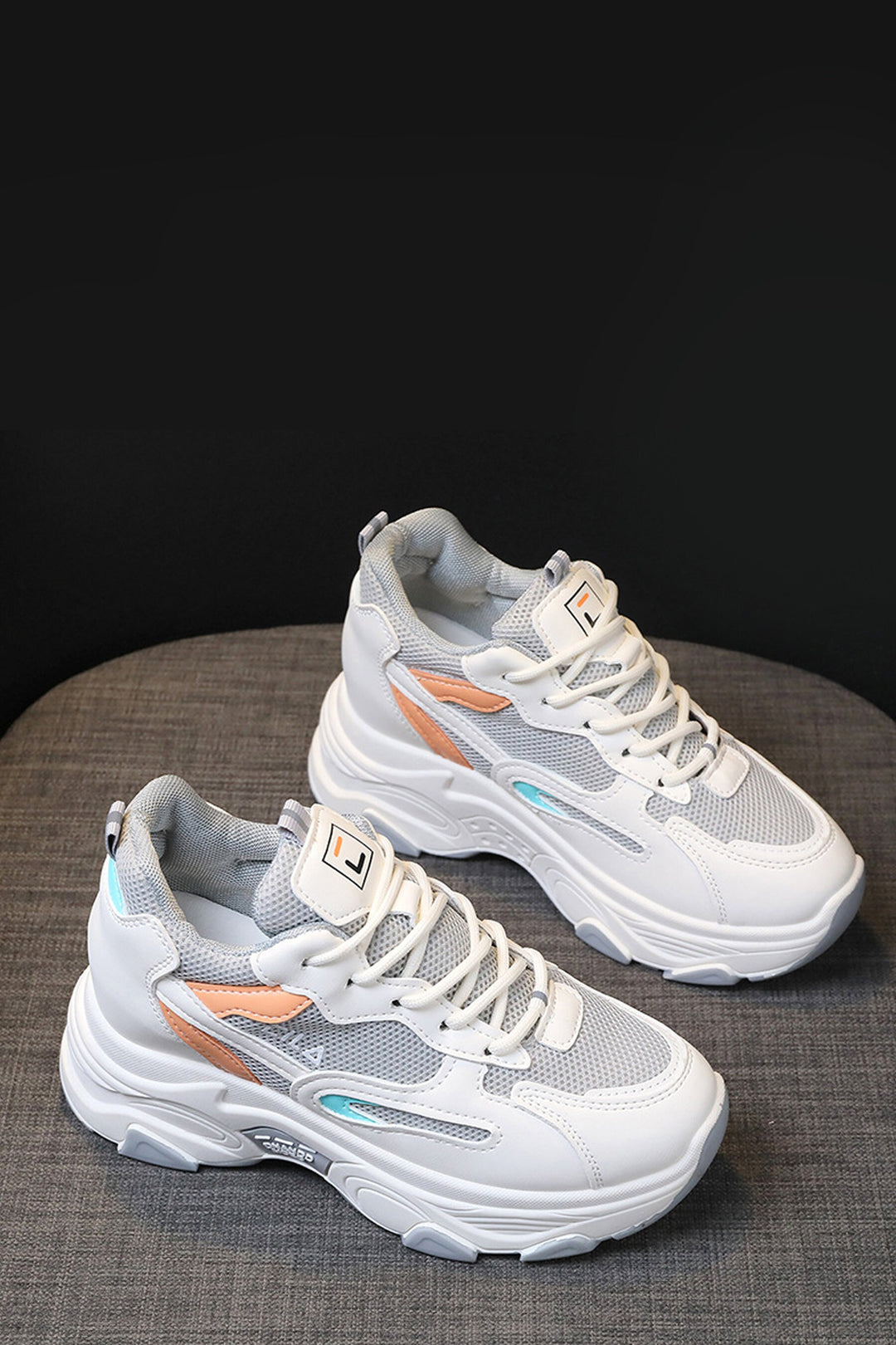 White Platform Chunky Bubble Trainers, Blue & Orange, White Lace Up Front Detailing Sneakers, Mesh Panel, Thick Sole, Women's Sneakers