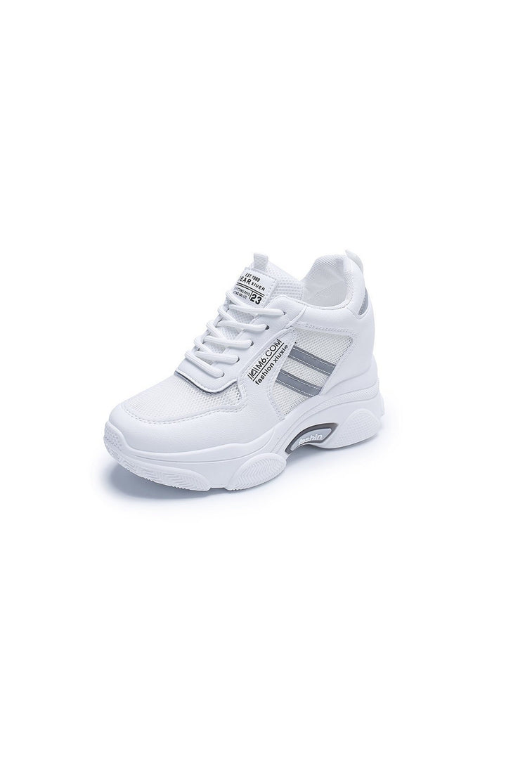 Silver Stripe Platform Chunky Trainers, White Lace Up Front Detailing Sneakers, Metallic Grey, Mesh Panel, Thick Sole, Women's Sneakers