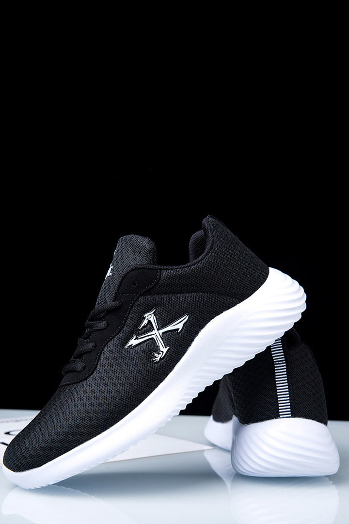 Black Mesh Panel Sneakers, Men's Trainers, Graphic Design, Flexible White Outsole, Casual Sneakers, Men's Footwear (UK Sizes 8, 9)