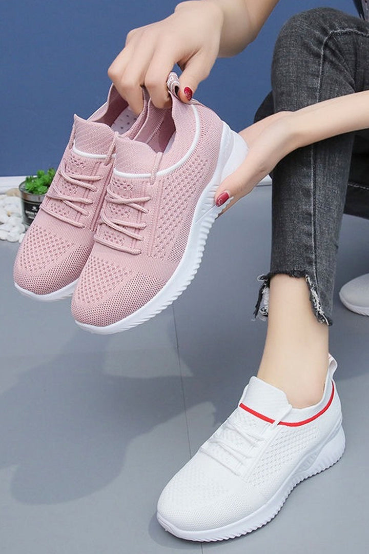 Pink & White Chunky Platform Sneakers, High Top Slip On Knitted Sock Sneakers, White Sneakers, Minimalistic Casual Trainers