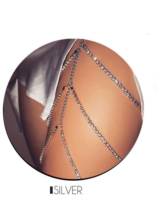 Thigh Chain, Crystal Body Chain, Multi-Layer Silver Finish Body Jewellery Chain (48 Hour Dispatch)