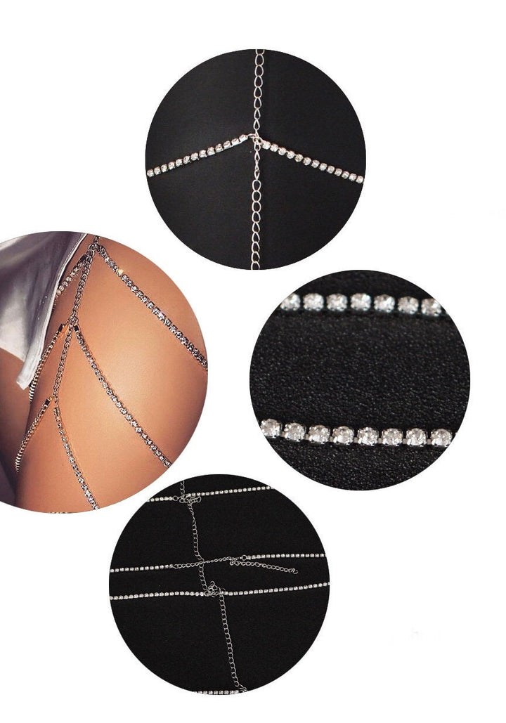 Thigh Chain, Crystal Body Chain, Multi-Layer Silver Finish Body Jewellery Chain (48 Hour Dispatch)