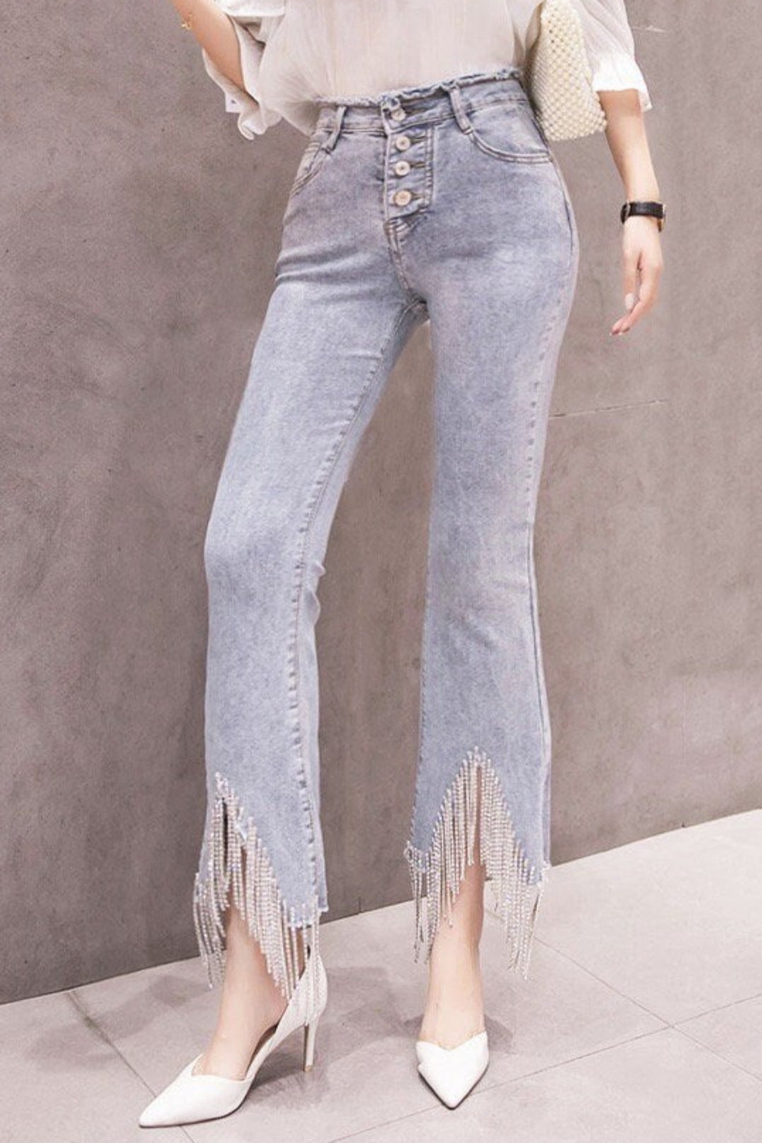 Tassel Diamante Rhinestone Crystal Detail Denim Jeans, Diamond Tassel High Rise Flare Light Wash Jeans