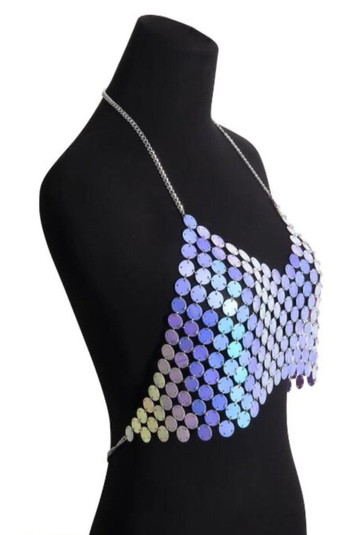 Blue Tint Mirror Disc Chainmail Halter Crop Top