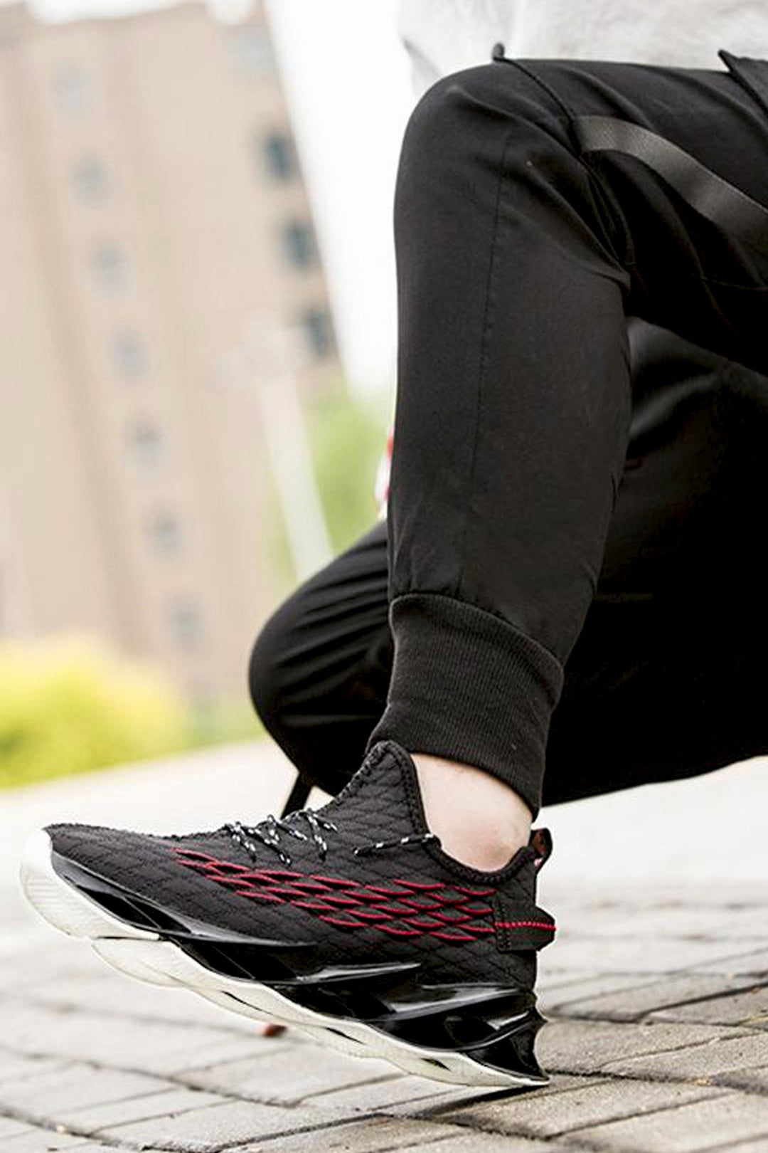 Black & Red Knitted Mesh Panel Slip On Blade Sneakers, Blade Runner Sole, Flexible White Outsole, Men's Footwear (UK Sizes 8, 9)