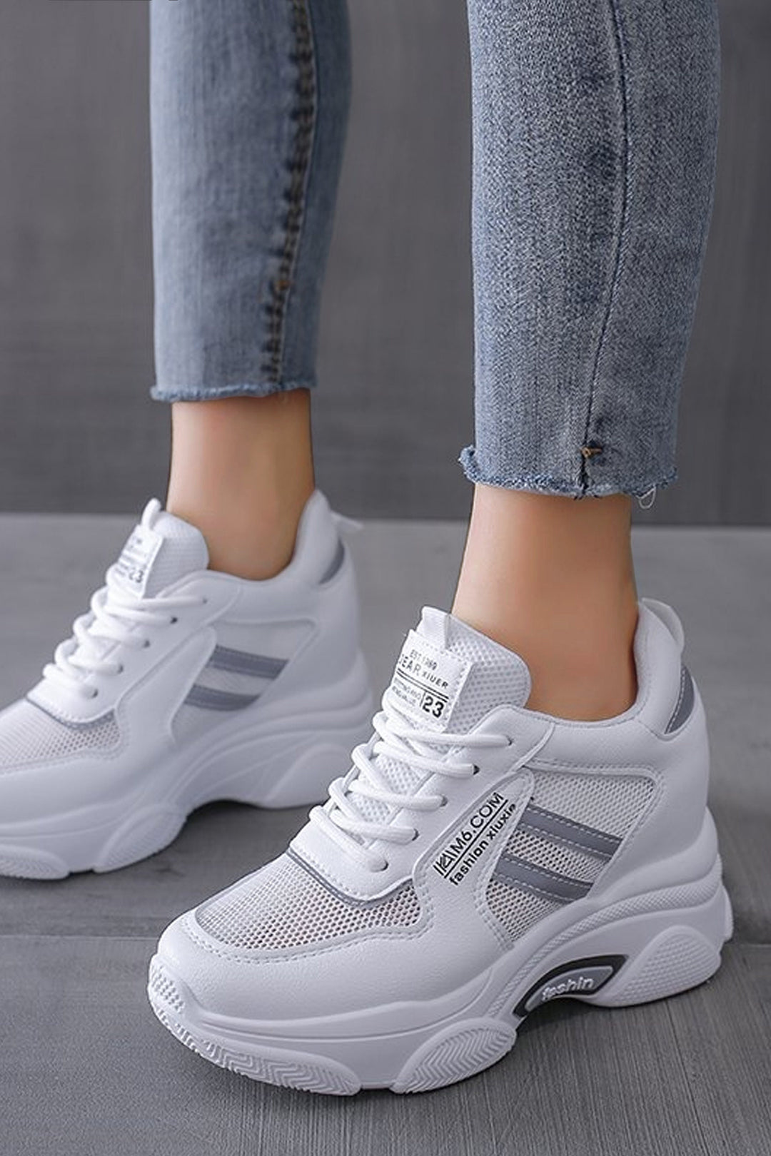 Silver Stripe Platform Chunky Trainers, White Lace Up Front Detailing Sneakers, Metallic Grey, Mesh Panel, Thick Sole, Women's Sneakers