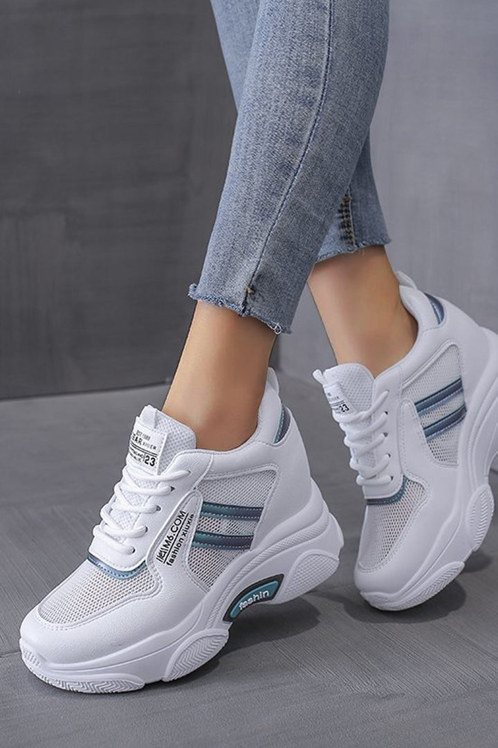 Silver Stripe Platform Chunky Trainers, White Lace Up Front Detailing Sneakers, Metallic Grey, Mesh Panel, Thick Sole, Women's Sneakers