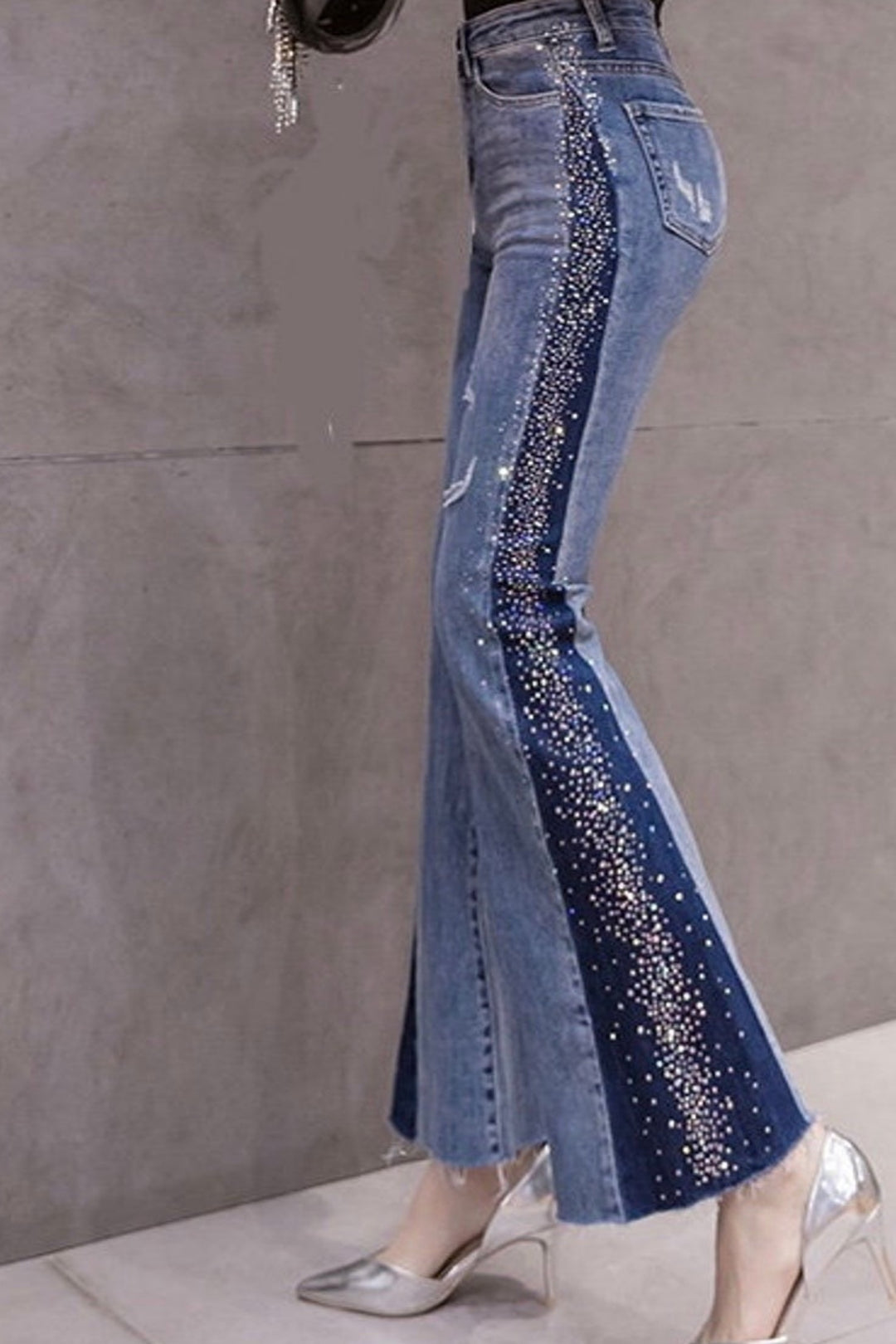 Crystal Detailing Two Tone Flare Patchwork Denim Jeans, Blue Wash High Rise Flared Jeans