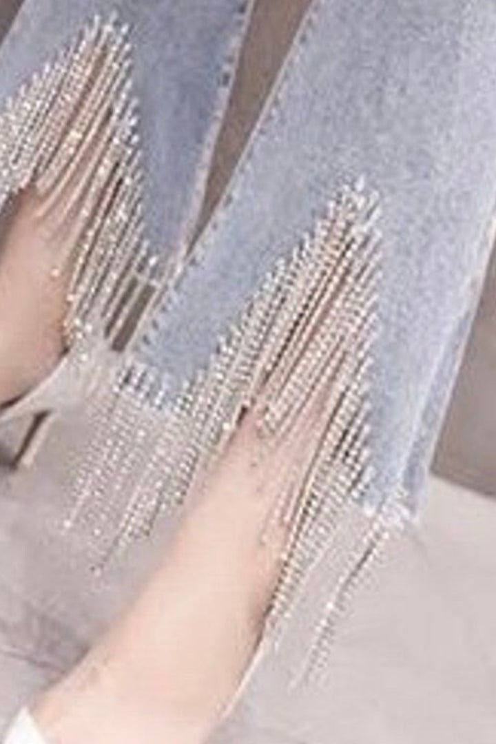 Tassel Diamante Rhinestone Crystal Detail Denim Jeans, Diamond Tassel High Rise Flare Light Wash Jeans