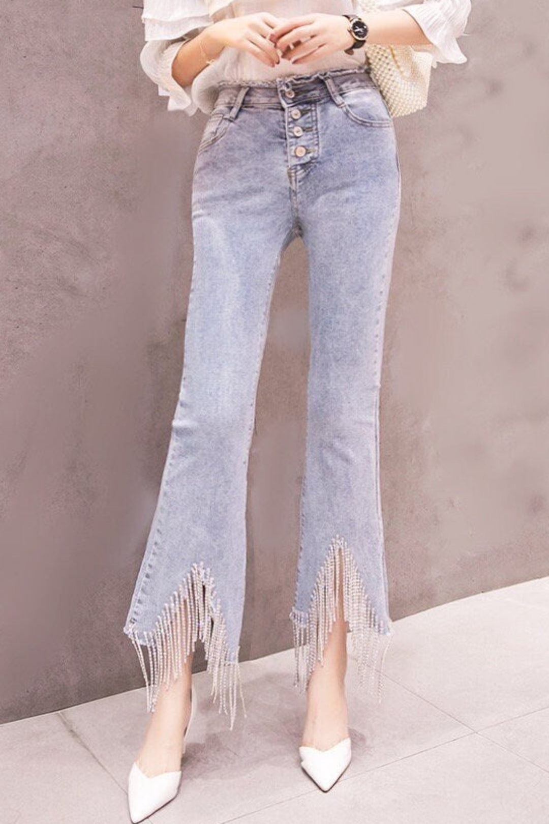 Tassel Diamante Rhinestone Crystal Detail Denim Jeans, Diamond Tassel High Rise Flare Light Wash Jeans