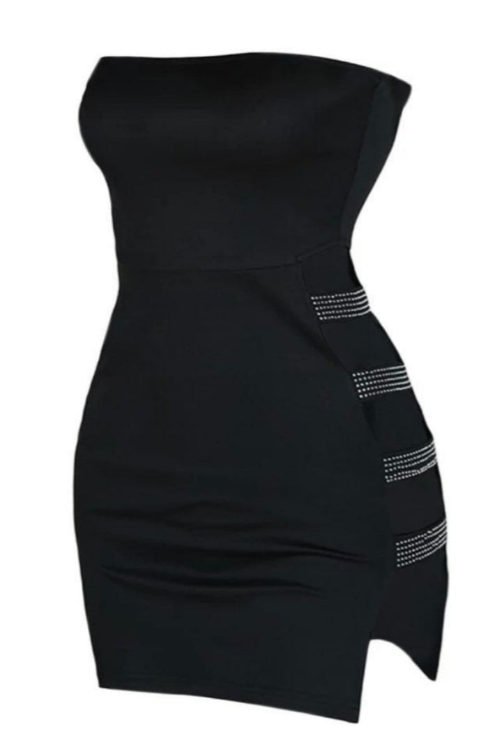 Sexy Bodycon Tight Pencil Dress Hollow Out Off Shoulder Solid Color Studded Side Straps Minidress [See Description for Exact Measurements]