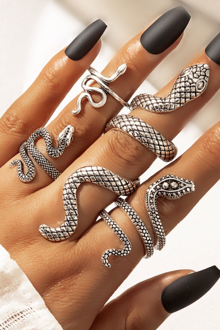 Four Snake Ring Set, Adjustable, One Size, Silver Finish, Chunky Ring, Punk, Rock, Gothic Ring