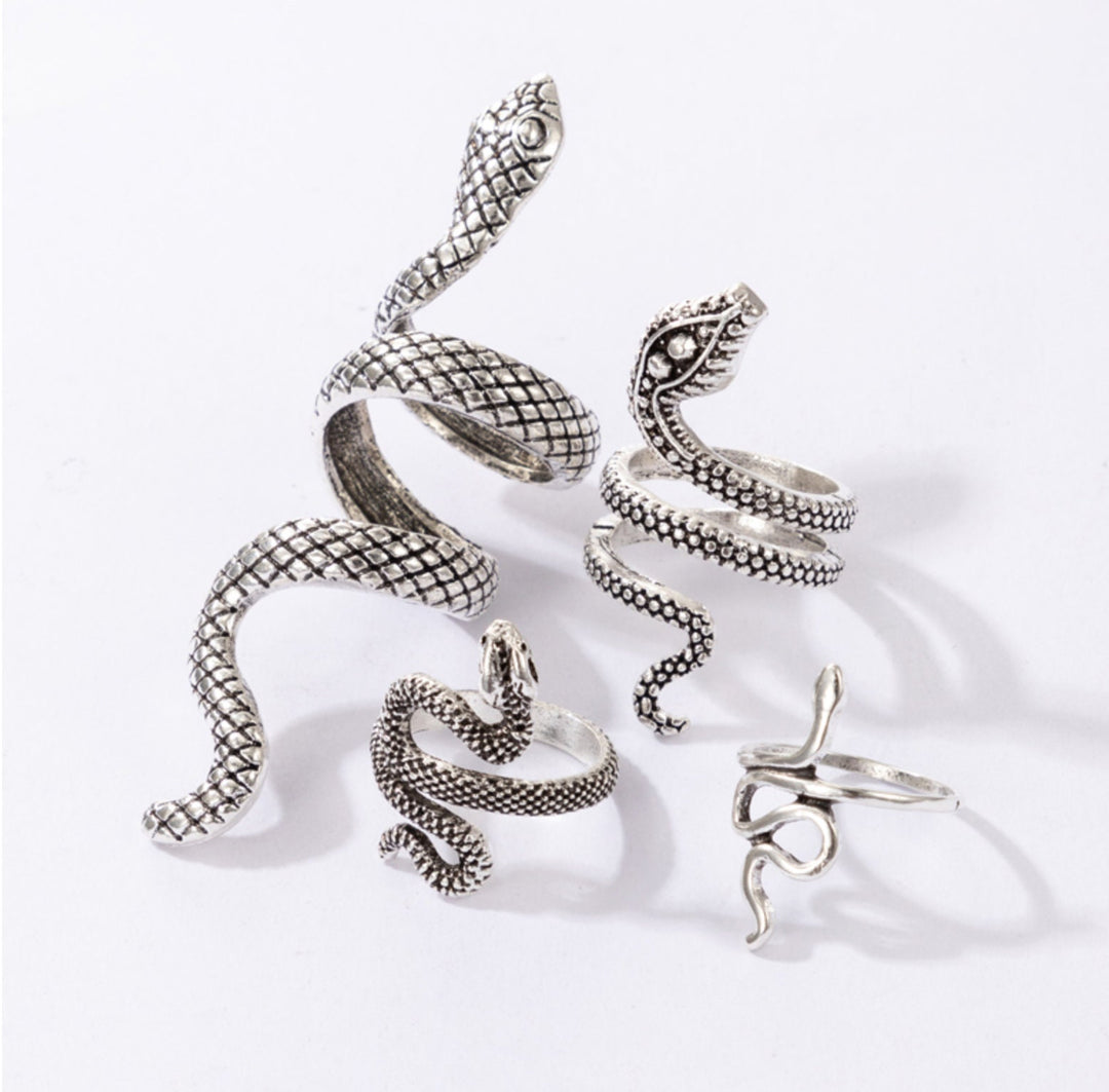 Four Snake Ring Set, Adjustable, One Size, Silver Finish, Chunky Ring, Punk, Rock, Gothic Ring