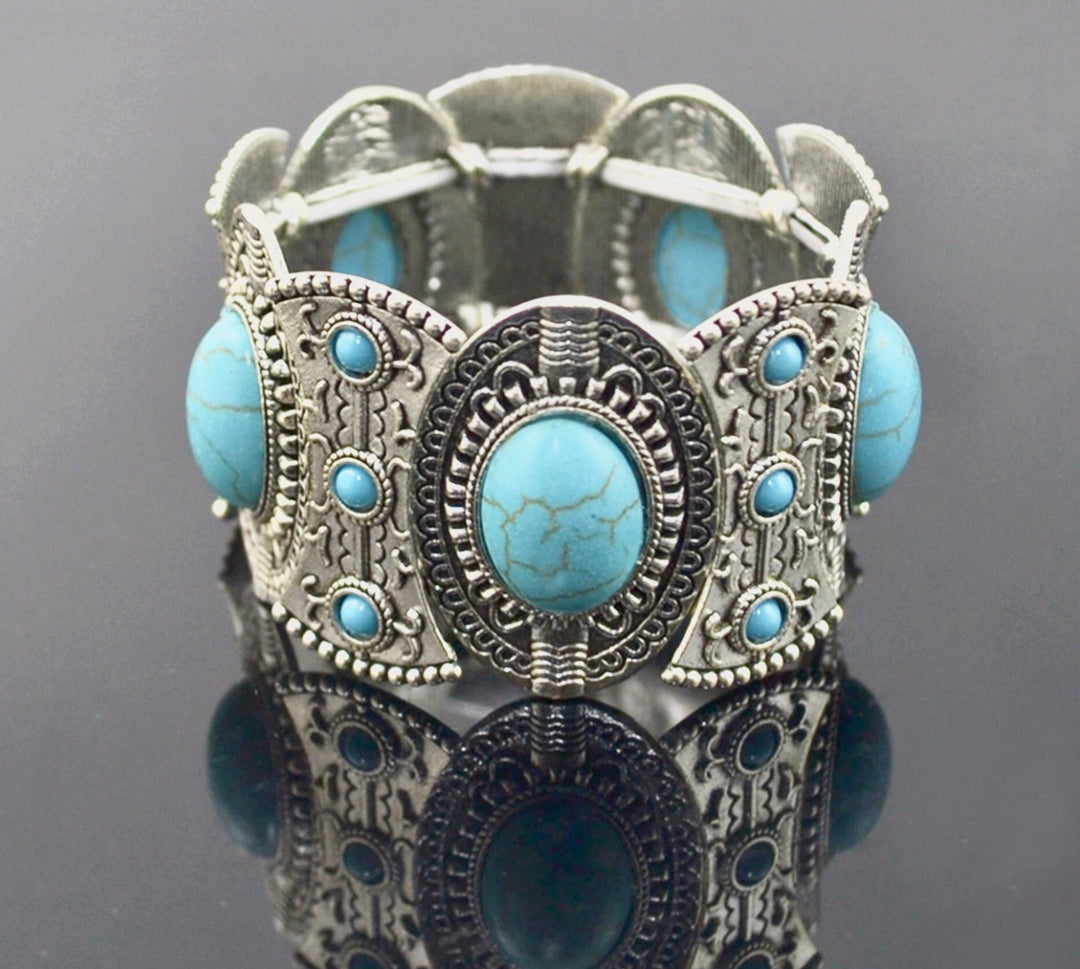 Boho Silver Bracelet, Turquoise Bead Hippie Jewellery, Silver, Bangle, Chunky Jewelry, Bracelet, Gift Idea