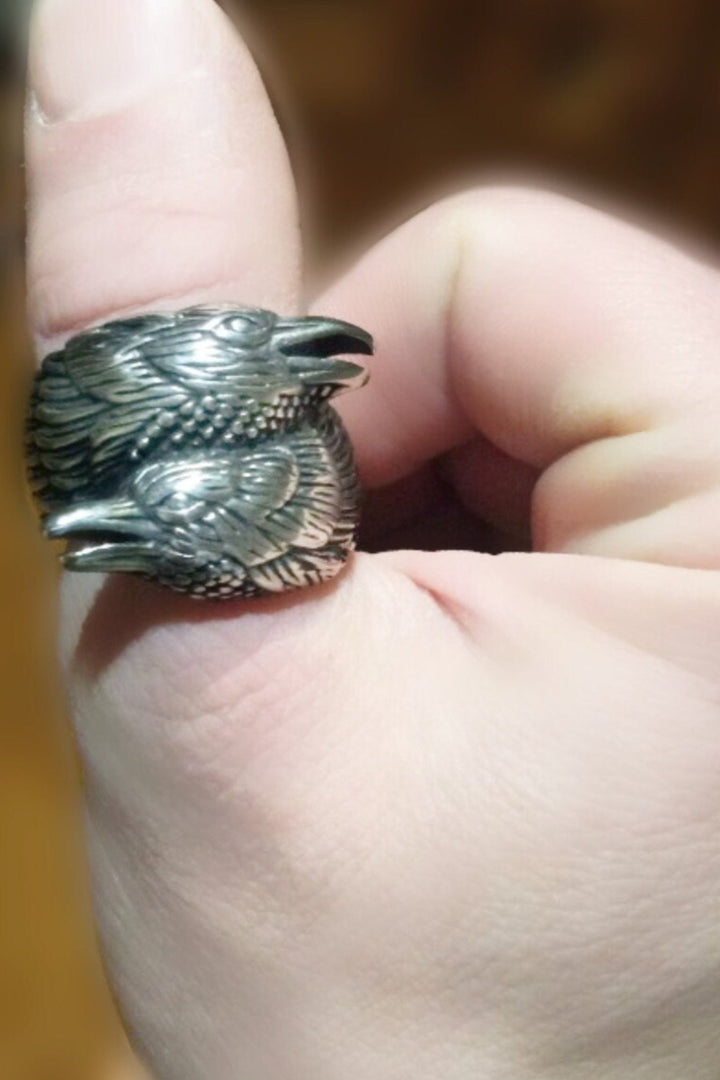 Two Entwined Ravens Ring, Mythology, Crow Stainless Steel Rings, Amulet Jewelry, Antique Silver Finish, Chunky Ring, Mens Silver Ring