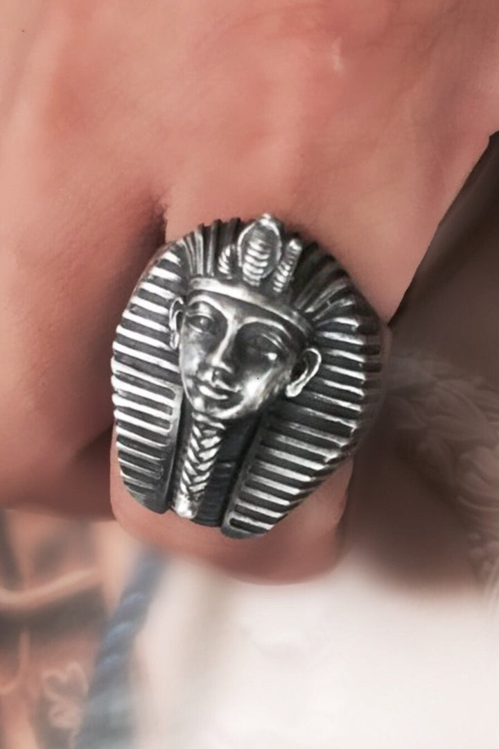 Tutankhamen Stainless Steel Ring, Egypt theme Amulet Jewelry, Antique Silver Finish, Chunky Ring, Mens Silver Ring