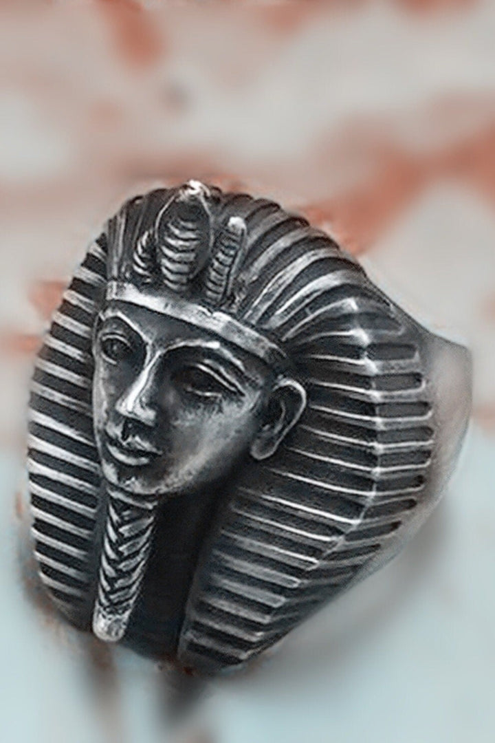 Tutankhamen Stainless Steel Ring, Egypt theme Amulet Jewelry, Antique Silver Finish, Chunky Ring, Mens Silver Ring