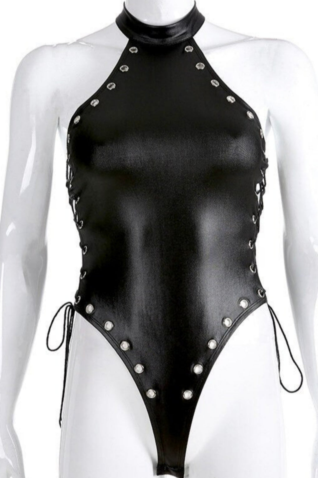 Black Side Cut Out Bodysuit, Stretch Faux Leather Look Bodysuit, Halterneck Bodysuit