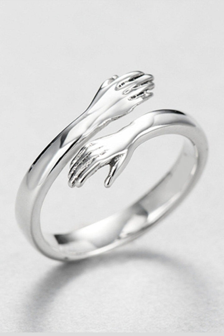 Hand Hugging Decor Sculptured Silver Ring, Adjustable One Size Ring