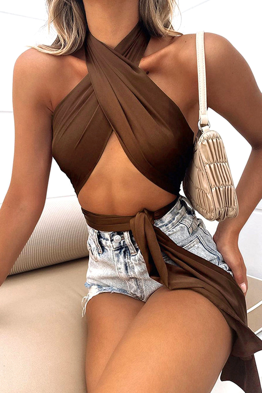 Chocolate Brown Satin Scarf Top, Tie Back Wrap Halter Crop Top, Y2K Baddie Soft Girl Crop Top, Available in Brown & Green