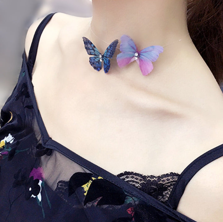 Beautiful Butterfly Necklace with Transparent Cord, Sparkling Crystals, Butterfly Choker