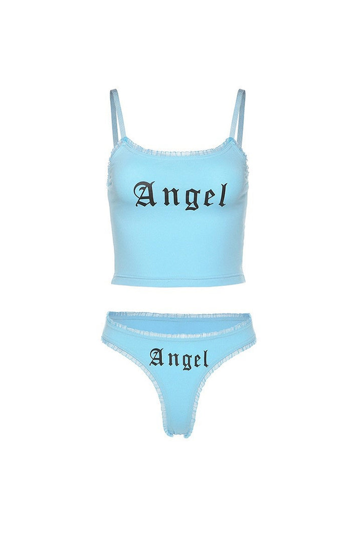 Mesh Hem Lingerie Two-Piece Set, Crop Top, High Rise Panties, 'Angel' Lettering, Available in Blue & Pink