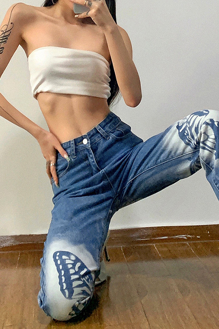 Butterfly Print High Waist Straight Leg Jeans, White Graphic Blue Wash Jeans, Y2K Flared Jeans