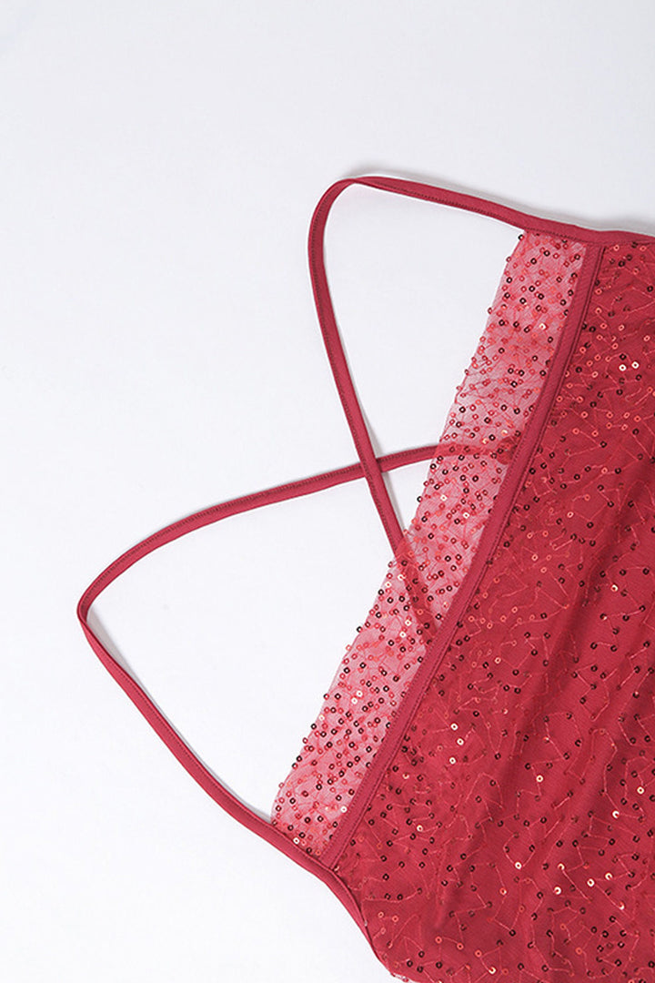 Sequin Beaded Draped Front Hanky Hem Backless Crop Top, Mesh Hem Spaghetti Straps Top, Available in Red, Black & Pink