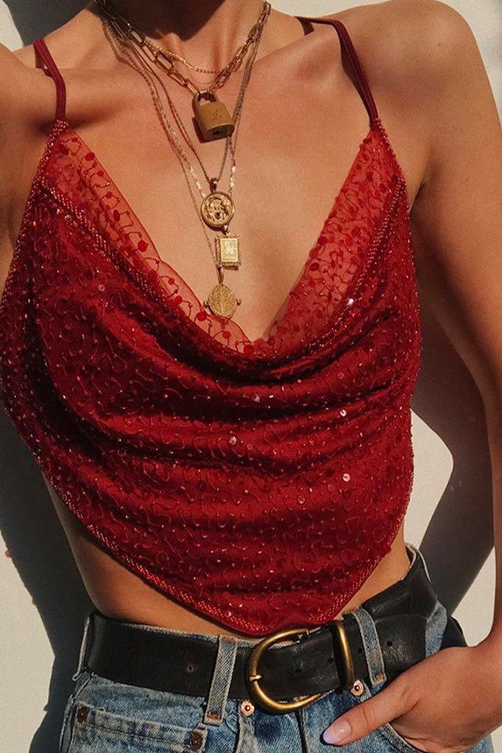 Sequin Beaded Draped Front Hanky Hem Backless Crop Top, Mesh Hem Spaghetti Straps Top, Available in Red, Black & Pink