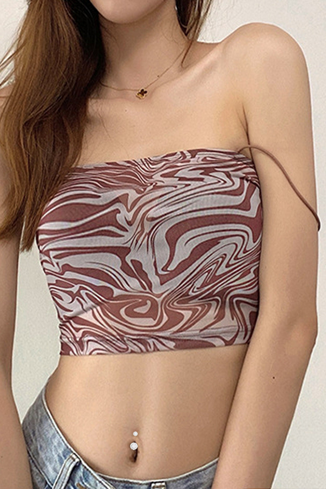 Chocolate Brown Swirl Marble Print Mesh Cami Crop Top, Strappy Spaghetti White Top, Y2K Soft Girl Crop Top