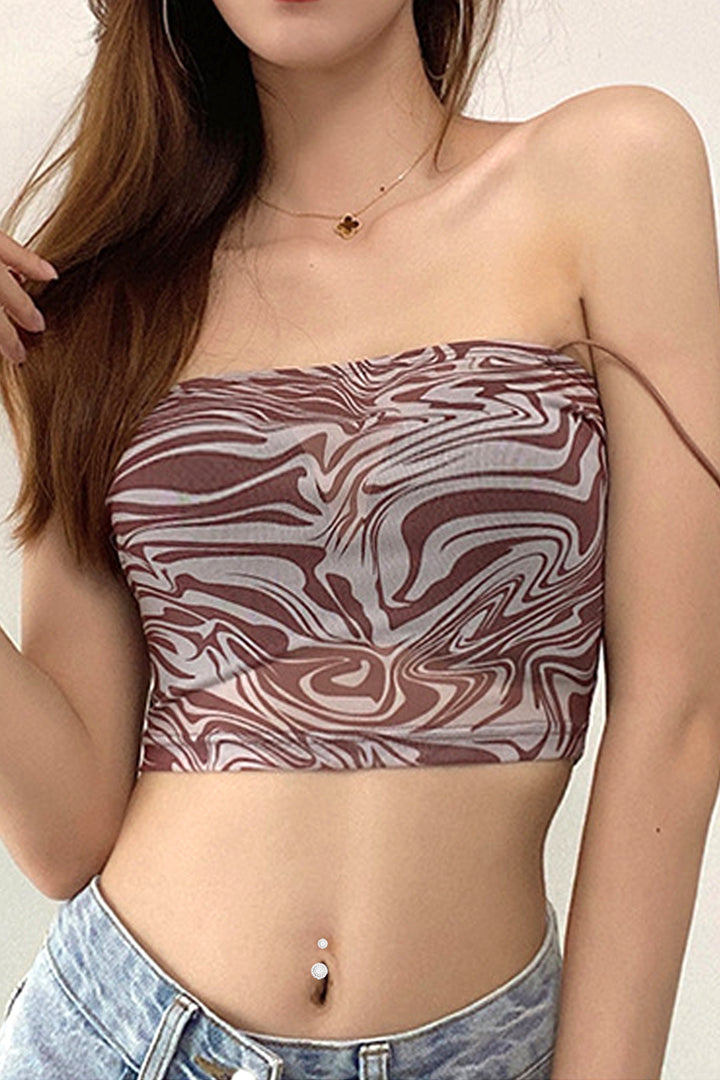 Chocolate Brown Swirl Marble Print Mesh Cami Crop Top, Strappy Spaghetti White Top, Y2K Soft Girl Crop Top