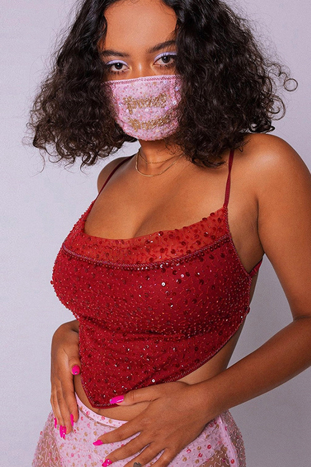 Sequin Beaded Draped Front Hanky Hem Backless Crop Top, Mesh Hem Spaghetti Straps Top, Available in Red, Black & Pink