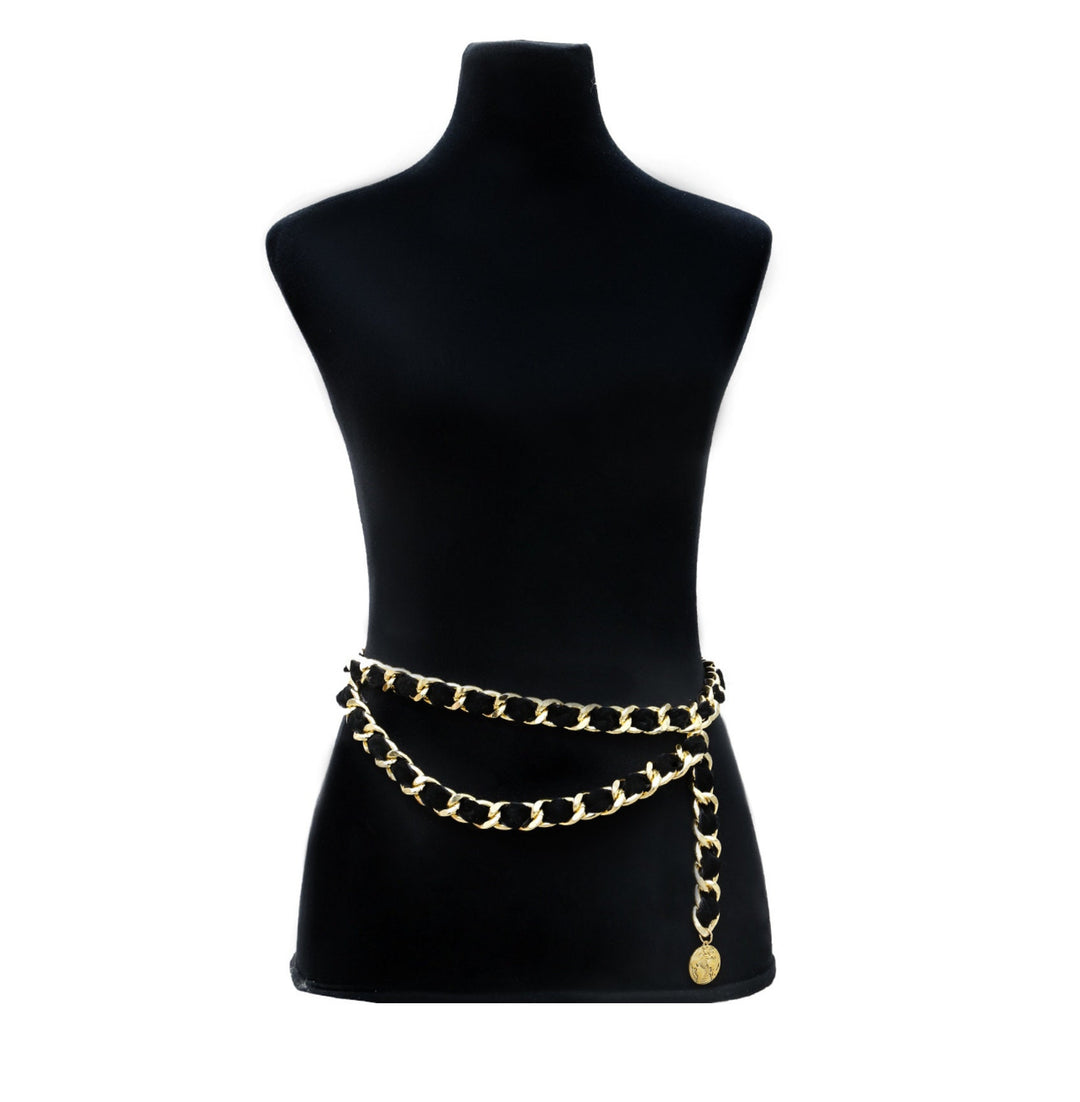 Gold Belt, Waist Chain, Body Chain, Multilayer Gold Finish Body Jewelry Chain for Women, Tassel Chain, Black Belt, Gold Chain