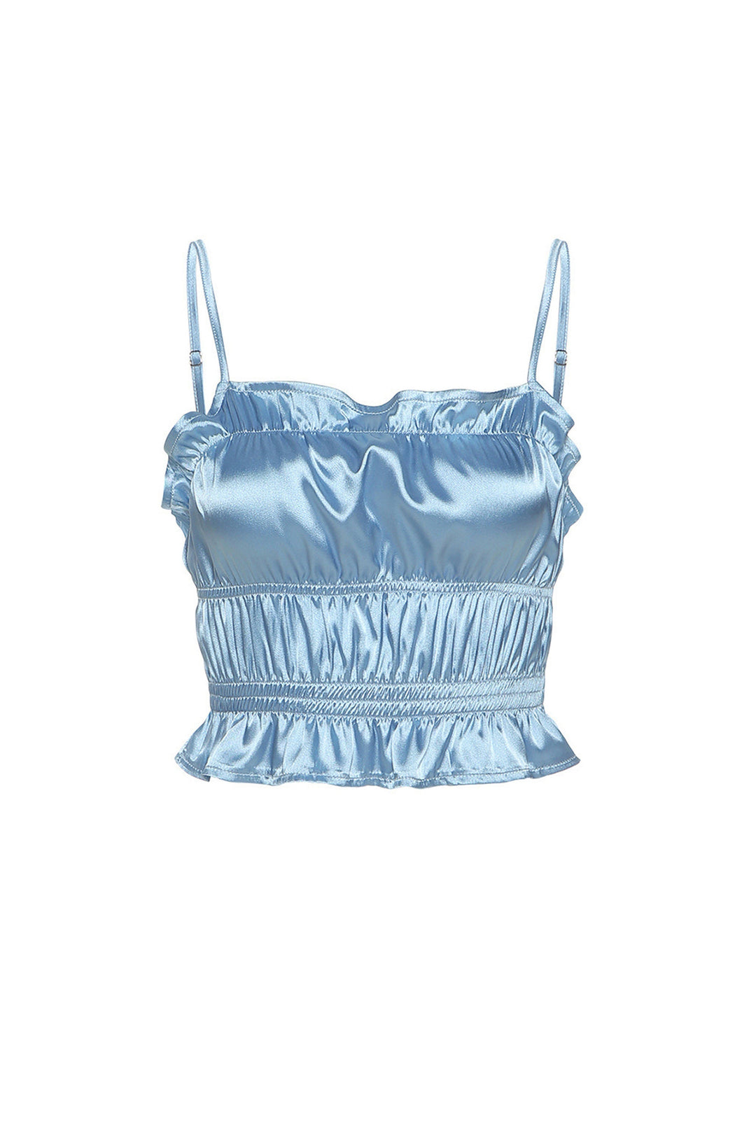 Ruched Satin Crop Top, Lettuce Hem Spaghetti Strap Crop Top, Available in Metallic Blue & Black