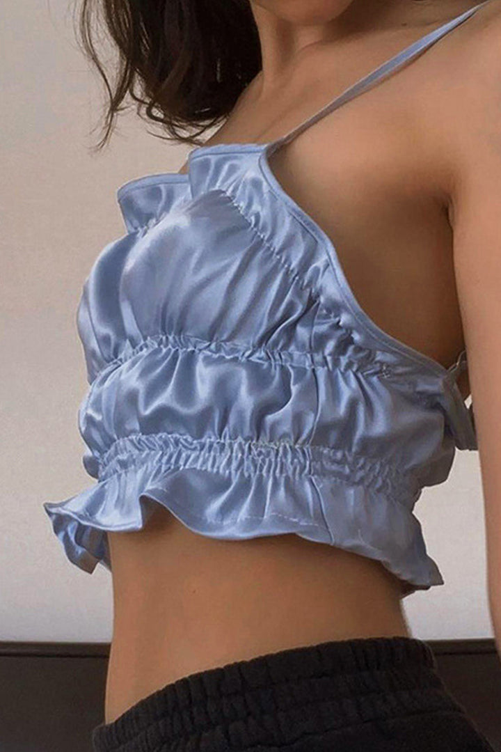 Ruched Satin Crop Top, Lettuce Hem Spaghetti Strap Crop Top, Available in Metallic Blue & Black