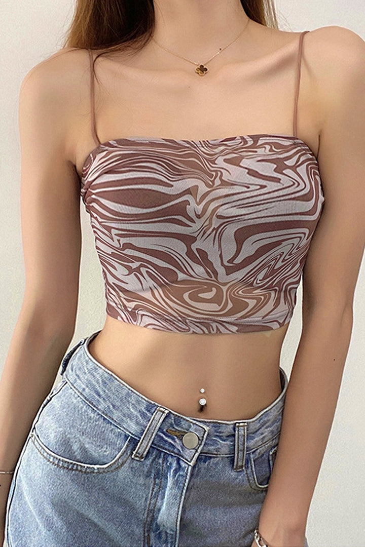 Chocolate Brown Swirl Marble Print Mesh Cami Crop Top, Strappy Spaghetti White Top, Y2K Soft Girl Crop Top