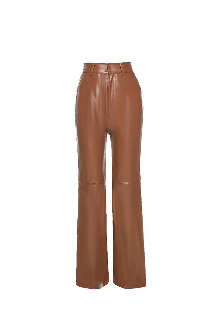 Chocolate Brown Faux Leather Straight Leg Trousers, High Waisted Brown Trousers, Button Zipper Closure