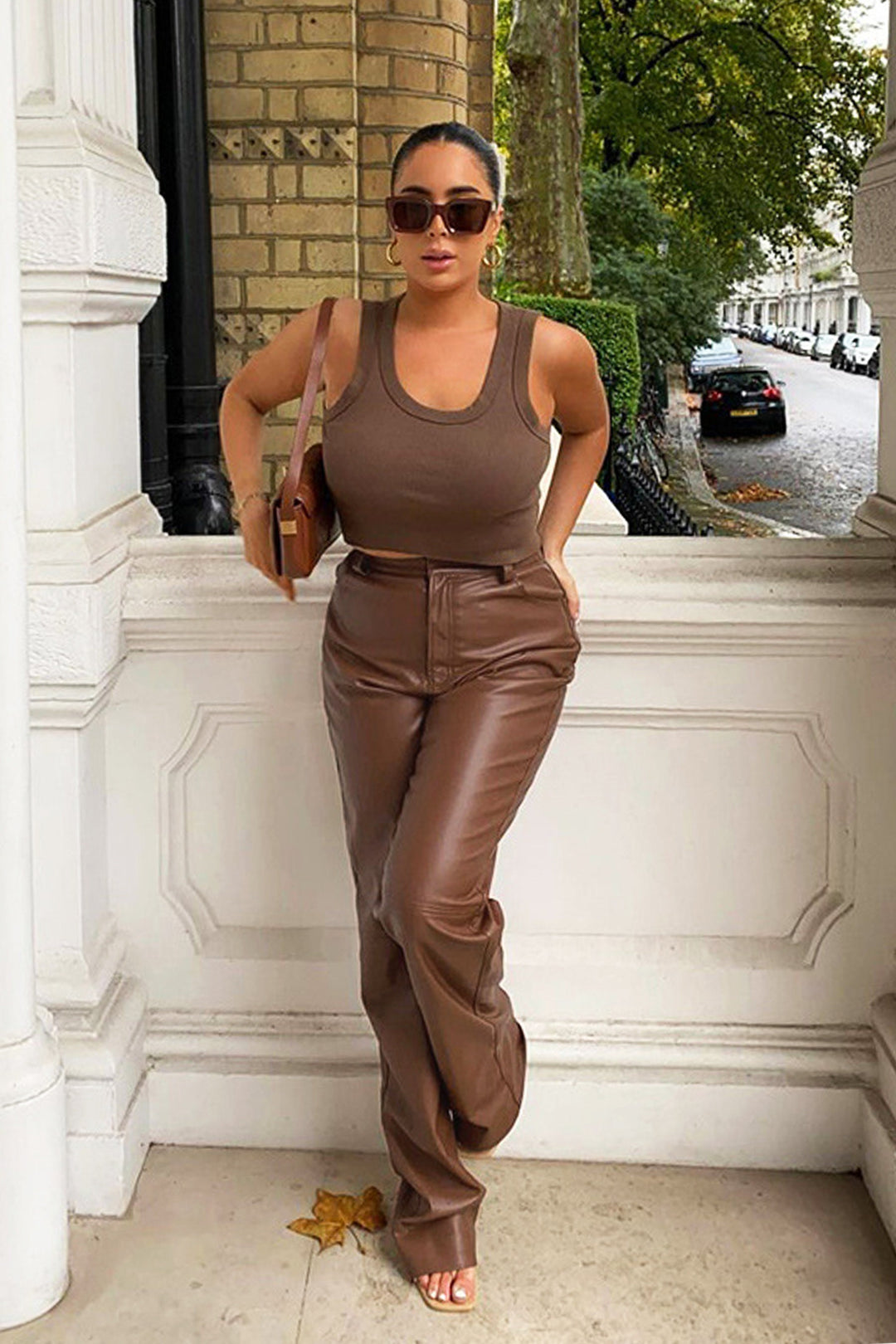 Chocolate Brown Faux Leather Straight Leg Trousers, High Waisted Brown Trousers, Button Zipper Closure