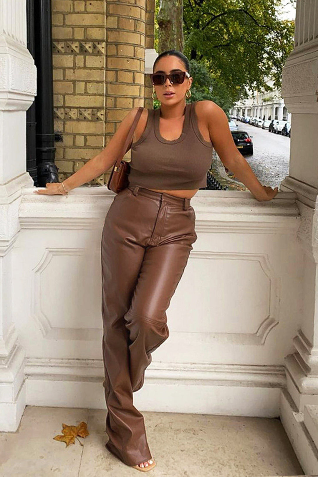 Chocolate Brown Faux Leather Straight Leg Trousers, High Waisted Brown Trousers, Button Zipper Closure