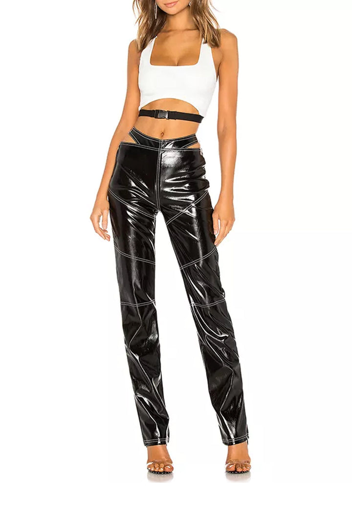 Black Faux Leather Cut Out Waist Trousers, High Waisted Straight Leg Trousers, White Contrast Stitching, Button Zipper Closure