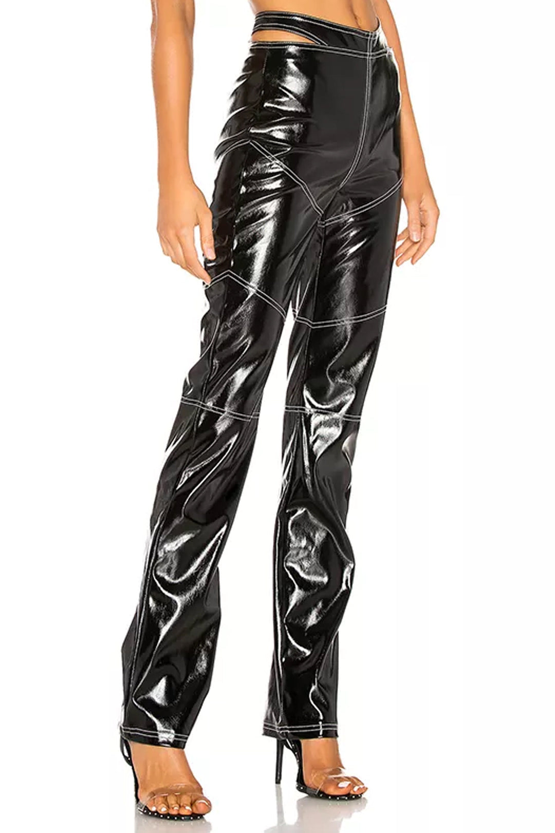 Black Faux Leather Cut Out Waist Trousers, High Waisted Straight Leg Trousers, White Contrast Stitching, Button Zipper Closure